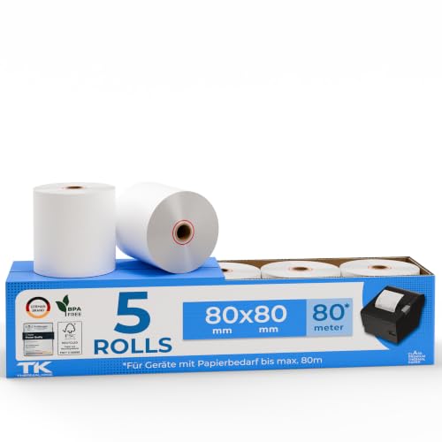 THERMALKING Thermorollen 80mm x 80mm x 12mm [für Bondrucker wie Epson IBM & co.] - Bonrollen 80x80x12 Thermo - Kassenrollen Thermopapier - Geeignet für Drucksysteme mit Papierbedarf bis 80m (5 Stk)