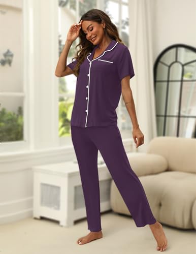 Image of HNG Women Pajamas Set 2 Piece Button Up Pajamas Pant and Short Sleeve Shirt for Woman Pj Sets with Pocket
