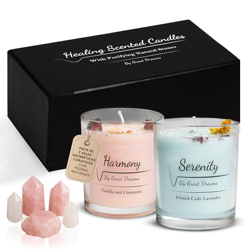 GreatDreams® Set 2 Velas Aromáticas Curativas con Piedras Naturales   Velas Decorativas Sin Parafinas y Hechas a Mano   Juego De Regalo De Vela Perfumada Para Mujer   Regalos Originales para Mujer.