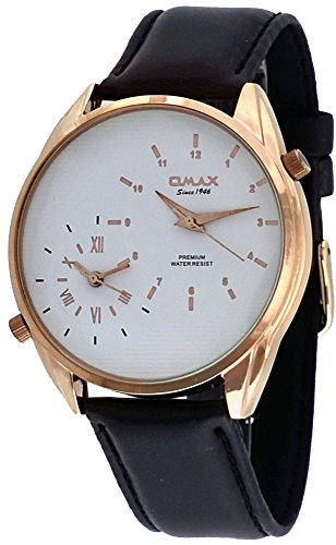 Omax #S002R321 Men's Leather Band Rose Gold Tone Dual Time Zone Watch