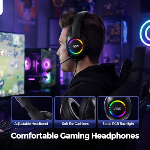 Image of AOC Gaming Headset, Black Wired Gaming Headphones with 50mm Drivers, RGB USB Corded Headphone for PC /Laptops, Over Ear Headset with Mic for PS4 /PS5 /NS Switch(Docked Mode), ACG2510