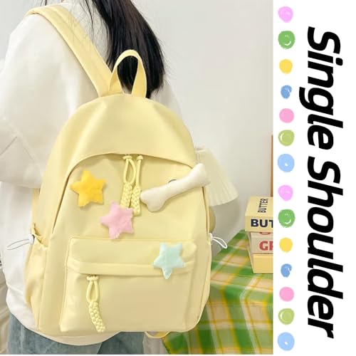 Cute Backpack with Colorful Pom Pom Star Patch Lightweight Rucksack Versatile Daypack for Work Travel Outings Daily Use (Yellow, Large)3