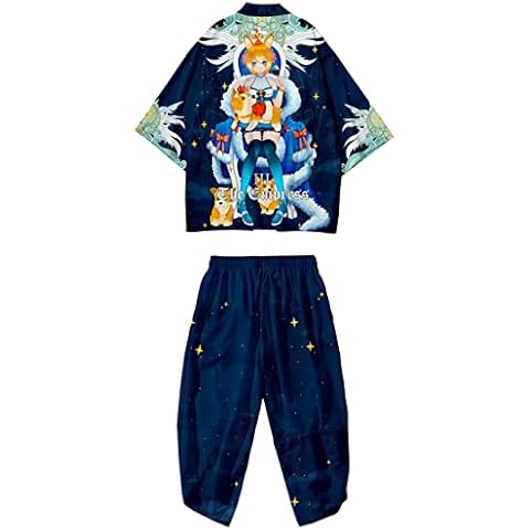 WYUKN Traditional Kimono Set,Japanese Kimono Cardigan - Cartoon Print Jacket/Plus Size Casual Harem Pants Suit/Men Summer Clothing/Loose Pajamas Bathrobe,B2-M Cover