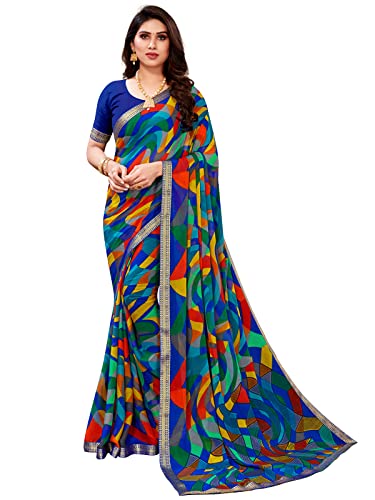 Image of SIRIL Women's Printed Chiffon Saree with Unstitched Blouse Piece