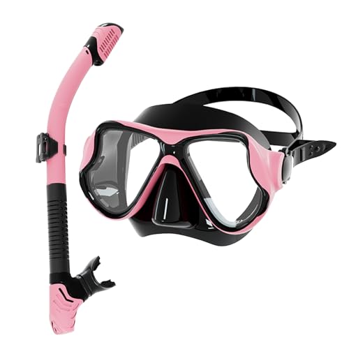 Snorkeling Gear for Adults, Snorkel Mask Set 180° View Tempered Glass Anti Fog Goggles Dry Top Snorkel Set Scuba Diving mask with Soft Silicone Skirt Anti-Leak Comfortable Snorkel Set(Pink&Black)