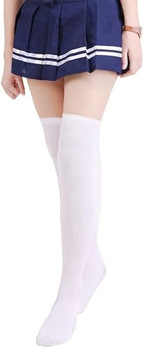 Women Extra Long Cotton Over the Knee Socks Stripe Thigh High Sock Boot Stockings (One Size, Pure White)