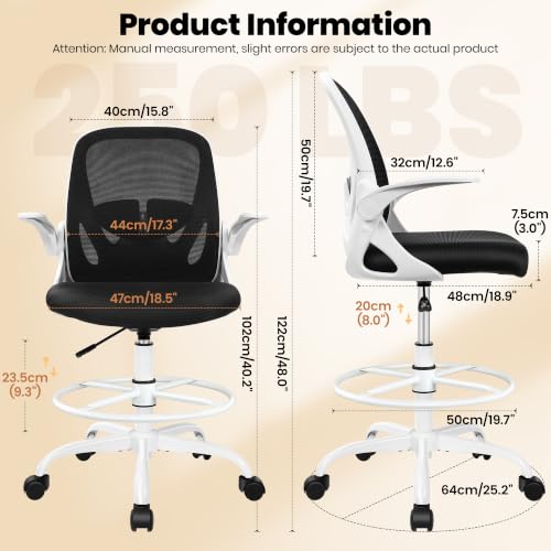 Image of Primy Ergonomic Drafting Chair with Flip-up Armrests Tall Office Chair for Standing Desk Comfortable Desk Chair with Adjustable Footrest Ring and Lumbar Support in Gray Perfect for Home (White)