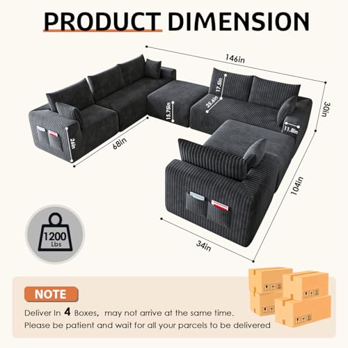 Image of 146 inch Boneless Couch Modular Sectional Sofa for Living Room, U-Shaped Cloud Couch with Deep Seat Chaise, No Assembly Required Foam Sleeper Sofa, Plush Corduroy Fabric, Dark Gray