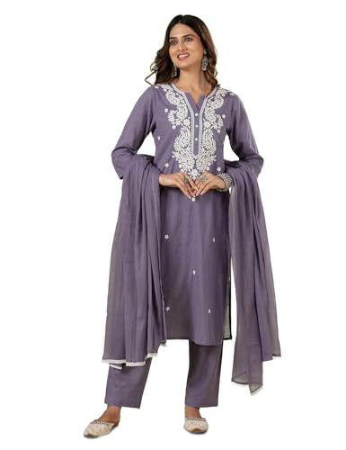 Image of Kaari Chikankari Embroidered Kurta Set for Women- 100% Cotton | Yoke Detailing | Three Piece Kurta Set with Dupatta | Sleeve