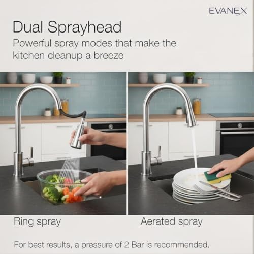 Image of EVANEX Kitchen Faucet 304 Grade Stainless Steel Pull Down Kitchen Faucet 360 Degree Rotating Tap for Sink Water Saving Aerated Flow Deck Mounted Kitchen Sink Faucet