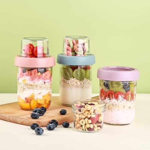 Image of Wells 6 Pack Overnight Oats Containers with Lids, 16 OZ Dual Layer Yogurt Containers with Dry and Wet Separation, Airtight Leak Proof Oatmeal Jar for Chia Pudding, Breakfast, Cereal
