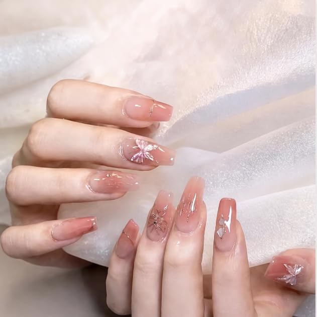 Cute Press on Nails Pink Acrylic Nail Reformation Square Full Cover False Nails with Bow and Peach Medium Reusable Fake Nails for Women and Girls 24PCS-image-10