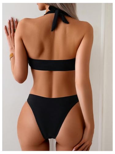 SOLY HUX Women's Halter Bikini Set V Neck Ring Linked Bathing Suit Summer Beach Two Piece Swimsuit2