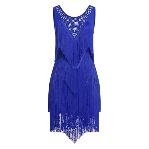 EFOGEP Damen Quaste Latin Dance Kleid Vintage 1920s Ärmellos Sexy Cocktail Party Fransen Flapper Fancy Kleider Mini Tango Samba Cha Cha Clubwear Ballroom Kostüme Blau S