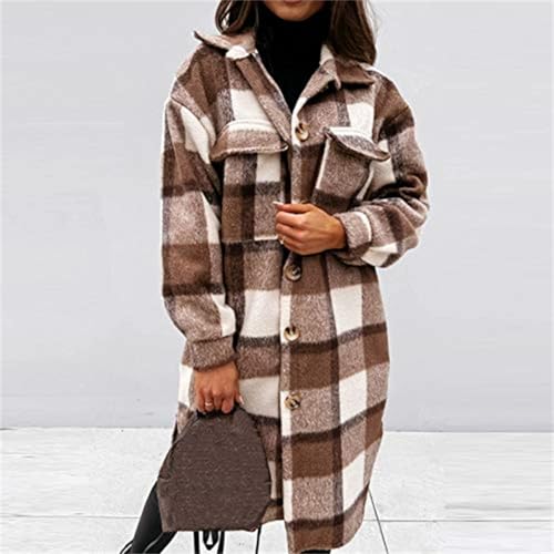 Long Flannel Jacket Shirts Women Plaid Shacket Oversized Long Sleeve Button Down Shirt for Women Coats with Pockets 20252