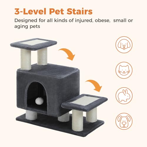 Image of 3-in-1 Dog Stairs & Cat Scratching Post with Condo, Pet Steps for High Bed, Sofa, Couch, Tall Cat Tower, High-Strength Board for Indoor Small Cats Kittens Dogs Climbing Playing, 3 Steps-Dark Grey