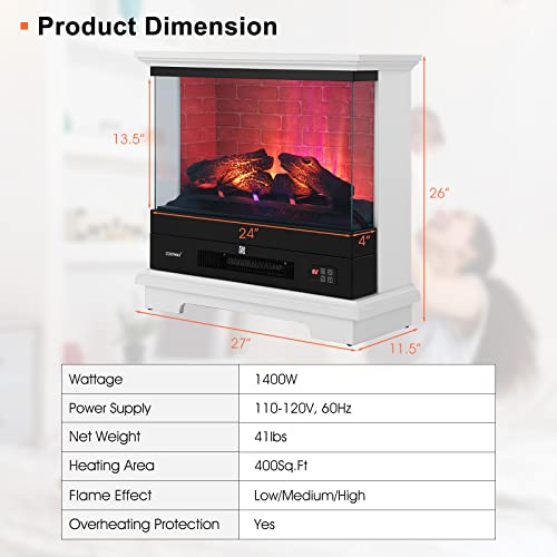 Simoe Freestanding Fireplace 27 Inches, 1400W Electric Fireplace Heater With Timer, Temperature Control, Dimmer, Overheat Protection, For Living Room, Bedroom, Indoor Use, White #TOP5