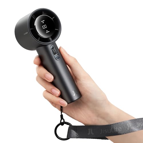 JISULIFE Tragbarer Handventilator,Einstellbare Geschwindigkeit(1-100),Turbo-Mini-Ventilator,Wiederaufladbarer 5000mAh Akku,Metallgehäuse,Digitales Display,Für Frauen Männer Reisen/Camping/Outdoor-Grau