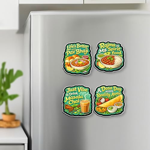 Image of Regalo Casila Indian Food Quotes Fridge Magnet 4 Pc Set Tourism Souvenir Wooden Travel Magnet Pav Bhaji Rajma Chai Dosa Refrigerator Magnet Decorative Kitchen Decor Gift