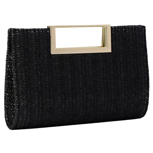 Image of Women's Straw Raffia Clutch Purse, Top Handle Woven Handbag with Crossbody Strap, Summer Beach Shoulder Bag