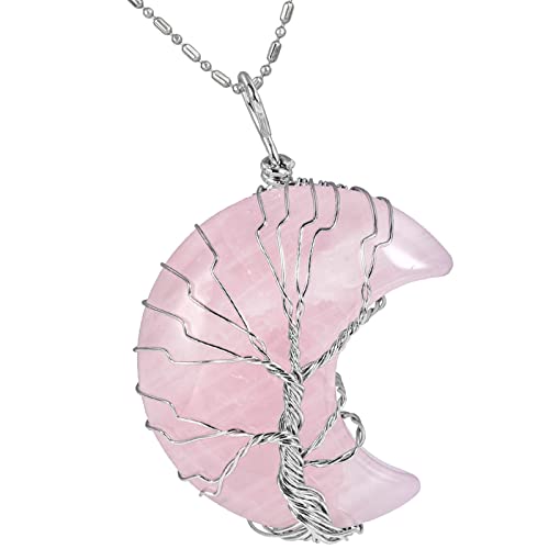 KYEYGWO Colgante de cristal para mujer, diseño de luna, alambre enrollado, árbol de la vida, piedras preciosas, piedra semiluna, joya para amuleto, amuleto de la suerte, reiki, Cuarzo rosa, Quartz Cover