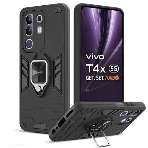 Image of A rtistque Armor Back Case Cover for Vivo T4x 5G / iQoo Z10x 5G / Vivo Y31 Pro 5G | Stylish Ring Holder & Inbuilt Stand | Shockproof TPU Protective Design | 360 Degree | Vivo T4x 5G Back Cover - Black