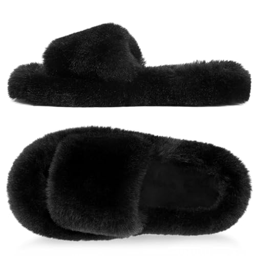 Women’s Fluffy Faux Fur Slippers, Open Toe House Slides, Comfy Fuzzy Indoor Bedroom Shoes