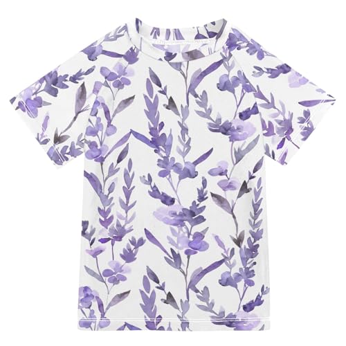 ALAZA Boys Swim Shirts Toddler Rash Guard Short Sleeve Rashguard Lavender Watercolor Floral UPF 50+ 11-12T