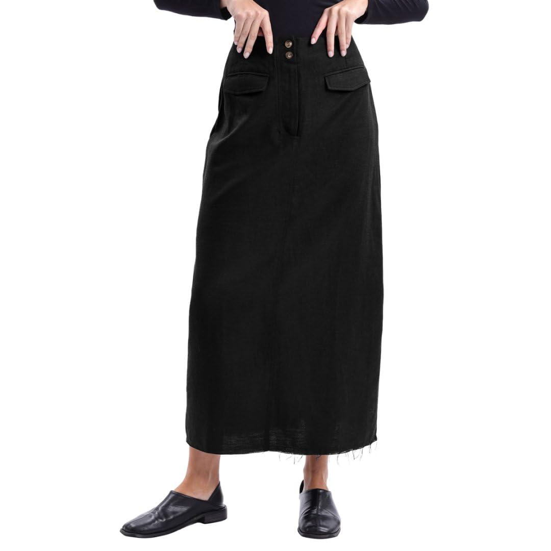 Amazhiyu Womens Linen High Waisted Split Raw Hem A-Line Midi Skirts with Pockets