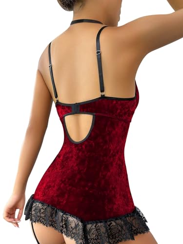 Lilosy Sexy Stocking Garter Belt Bows Floral Lace Babydoll Corset Push Up Teddy Lingerie Set with Panty2