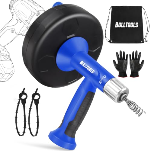 BULLTOOLS Drain Auger, 25FT Drain Clog Remover with Drill Adapter, Flexible Snake Drain Hair Removal Tool for Kitchen Sink, Bathtub, and Shower Comes with Gloves and Storage Bag