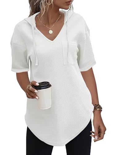 Cuptacc Hoodie Damen Kurzarm Kapuzenpullover V Ausschnitt Oberteile Waffel...