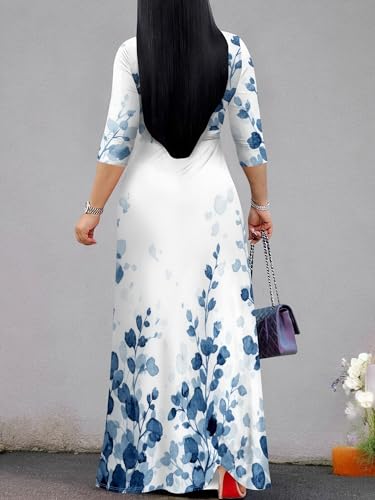 Image of Plus Size Dresses for Women Print Maxi Dresses 3 /4 Sleeve with Belt