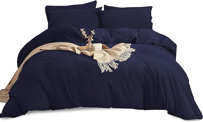Duvet Cover Sets Soft Breathable Brushed Microfibre Plain Double Duvet Cover with Pillow cases Button Closure Quilt Cover Bed Set Navy