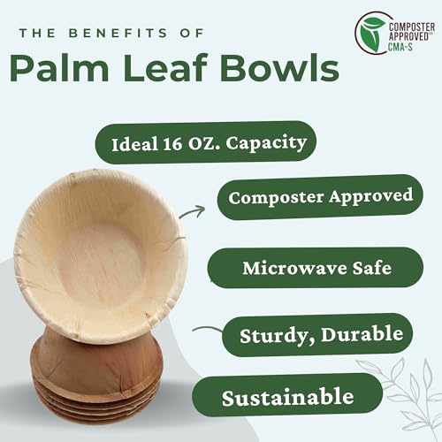 Dtocs Disposable 5.5 Round Palm Leaf Bowls (Set of 50) | Sturdy, Leak-Proof 16 Oz Compostable Serving Bowls for Fruits, Cereals, and Soup | Eco-Friendly Alternative to Plastic and Wood