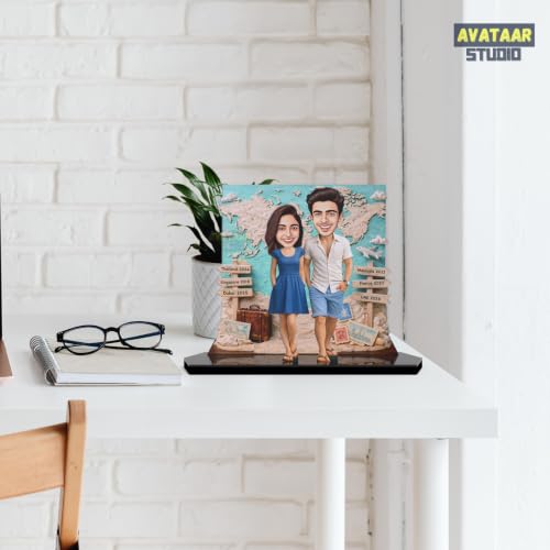 Image of Wood Rectangular Personalized Caricature Gift for Couple, 7 Inches, Tabletop Multicolor, Art Deco Style (COUPLE 16)