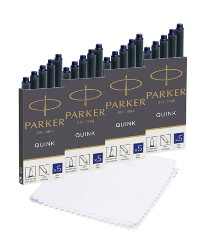 Parker Quink Fountain Pen Refills Set with Cloth - Long Cartridges Blue Ink, Pack of 20 with Polishing Cloth