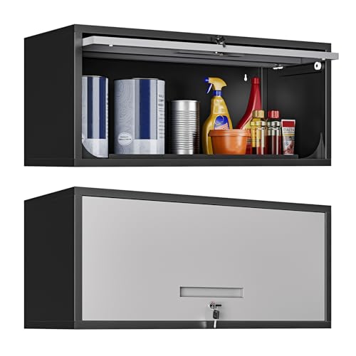 Metal Garage Wall Cabinet with Doors, Wall Mounted Metal Storage Cabinet, Floating Garage Tool Cabinet for Garage, Basement, Kitchen, Warehouse (Black Gray, 13.7″ H)