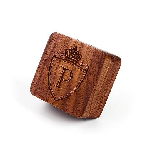 Image of Mens Initial Silver Cufflinks A-Z Alphabet Letter Steel Cuff Links with Engraved Walnut Wood Box Groom Groomsman Wedding Set