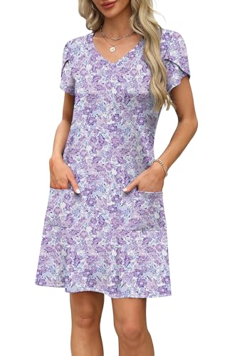 Image of OFEEFAN Womens Summer Dresses 2026 Tulip Petal Short Sleeve V Neck Loose Swing Sundresses with Pockets Plain /Print