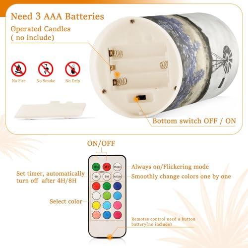 Image of Farmhouse Landscape Wildflowers Barn Windmill Flickering Flameless Candles LED Battery Operated with Remote Timer Pillar Candles for Home Birthday Wedding Christmas Decor, Set of 2
