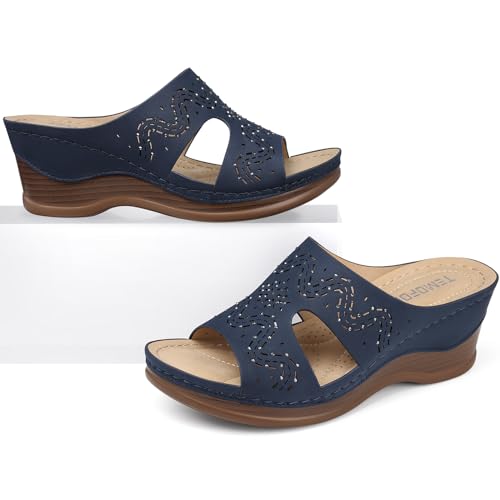 Image of TEMOFON Women Wedge Sandals Dressy: Comfortable Lightweight Summer Shoes | Low Wedge Heel - Fit Wide Feet - Comfy Stylish Slip on Sandals Size 5-11