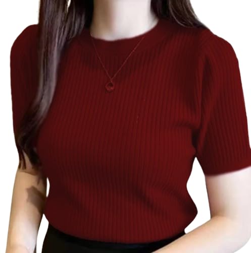 BQF Plain Round Neck Rib Knit Regular Top for Women BQF Plain Round Neck Rib Knit Regular Top for Women