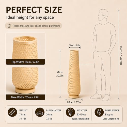 Image of Boho Style Bamboo Woven Floor Lamp for Living Room,36 in,Cozy Decor | Handcrafted Wicker Shade,Unique Shadow Pattern,No Assembly Required,3000K Warm Ambient Lighting,Suit for Bedroom Corner