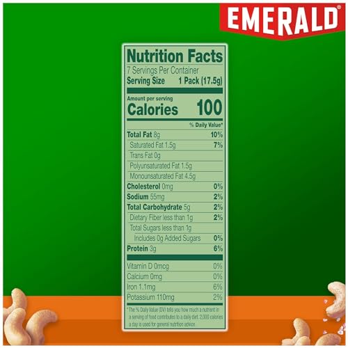 Emerald Nuts, Cashews Roasted & Salted, 100 Calorie Packs, 7 Ct, 4.34 Oz (Pack of 6)