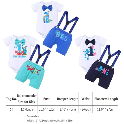 Baby Boy Ocean Theme My First 1St Birthday Smash Cake Outfit Under The Sea Party Supplies Bow Tie Romper Shorts Suspenders 3Pcs Set For Baby Shower One Year Old Photo Shooting Royal Blue Turtle 1T #TOP6
