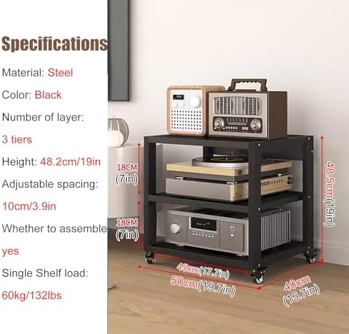 Mobile Av Media Stand Cart On Wheels, 3 - Tier Heavy Duty Audio Rack for Home Entertainment, Modern HiFi Stereo Tower, Black, 48 5Cm Height - Versatile Rolling Cart,3 Tier, H 48.5cm