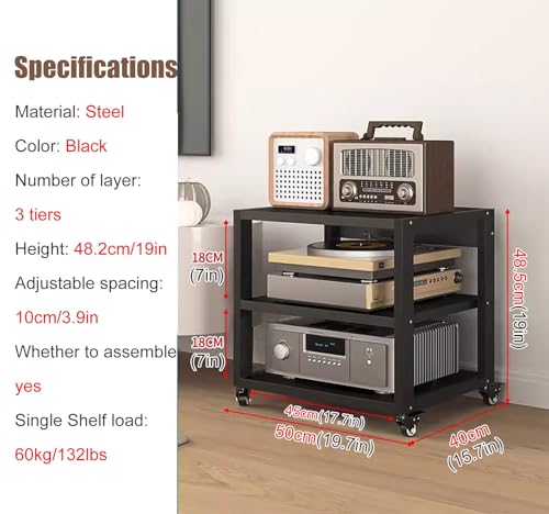 JYHHCYS HiFi Stand 2 3 4 5 Tier, Rolling Audio/Video Component Cabinet Rack with Height-Adjustable Shelf & Wheels, Living Room Stereo Stands Audio-Video Media Organizer (Size : H 48.5CM-3 Tier)