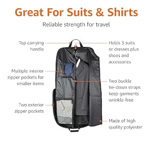 Amazon Basics 43" Travel Garment Bag Travel, Spacious Suit Bag with Detachable Shoulder Strap, Exterior/Interior Pockets, Imitation leather-reinforced Corners, Trifold, Black — photo 3 of 6