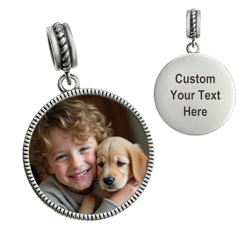 Qina C. 925 Sterling Silver Personalized Picture Laser Engraved Custom Charm with Photo Frame Dangle Bead for European Charm Bracelets keepsake Gift (Round Frame: 1 Side Color Photo + 1 Side Text Custom)